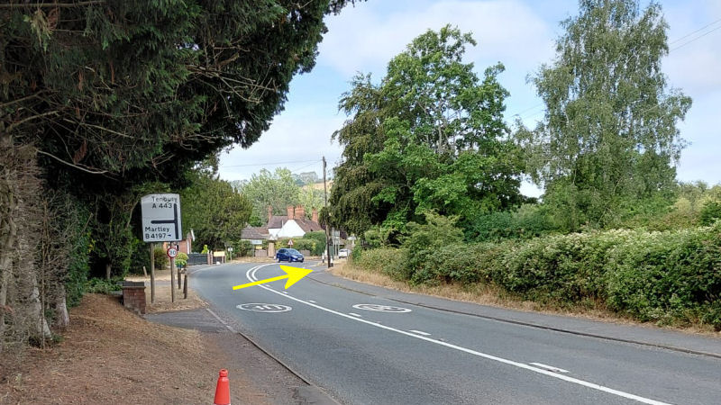 Turn right on the A443 Westbound into the car park just before the Martley turning. 