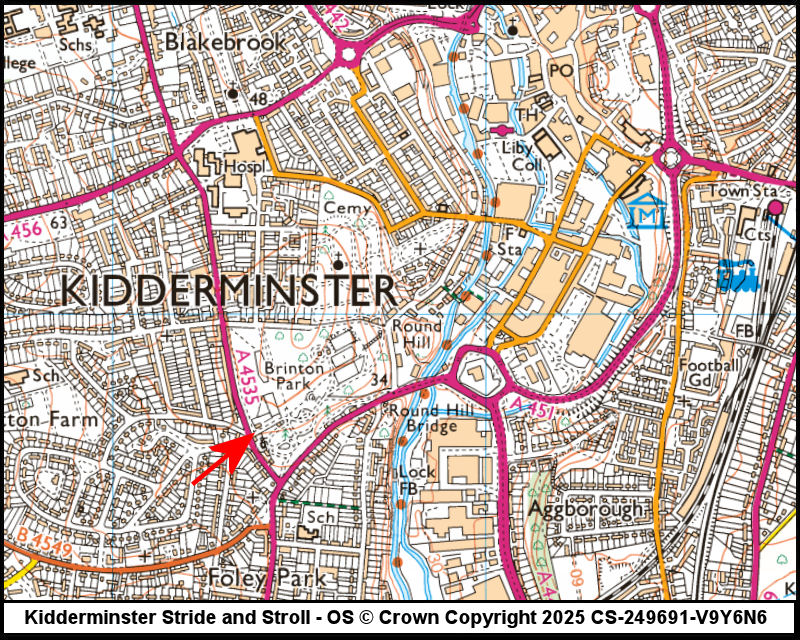 Map showing start location for Brinton Park, Kidderminster