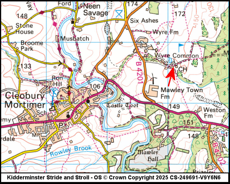 Map showing start location for Cleobury Golf Club