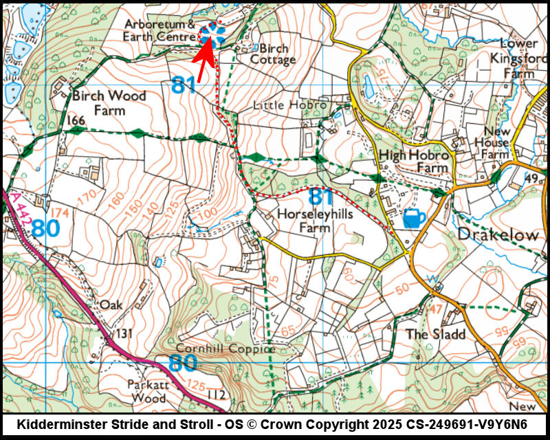 Map showing start location for Wolverley, Bodenham Arboretum