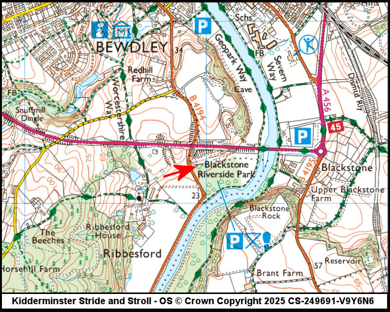 Map showing start location for Ribbesford Riverside CP B4194