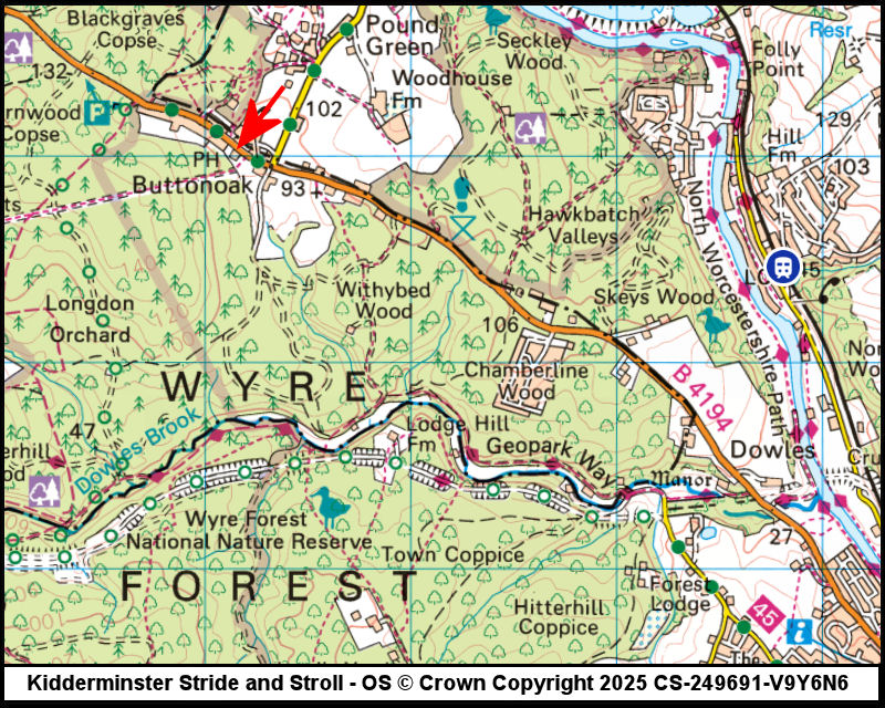 Map showing start location for Button Oak Inn, Bewdley