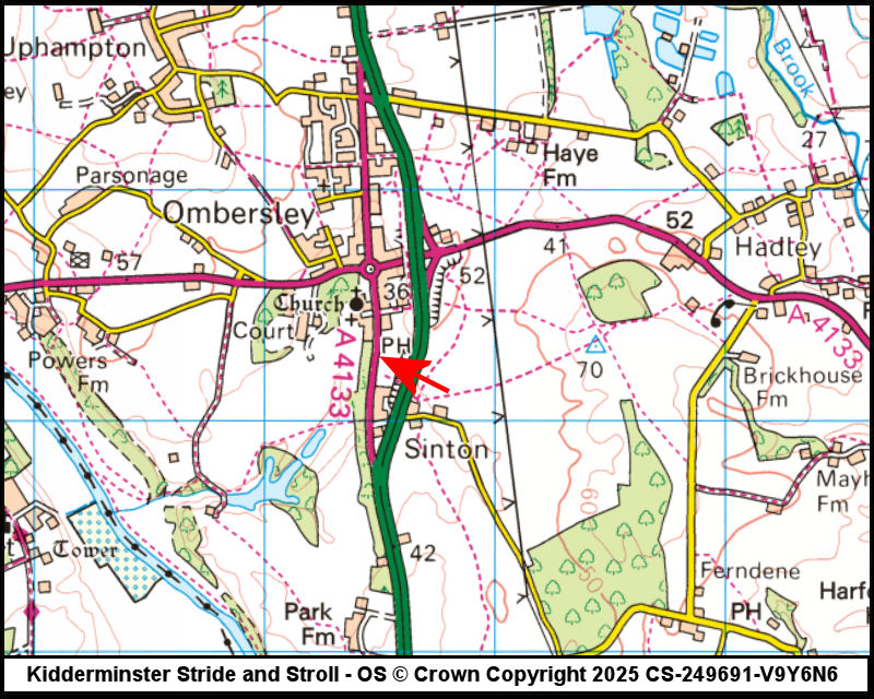 Map showing start location for Ombersley, Main Road